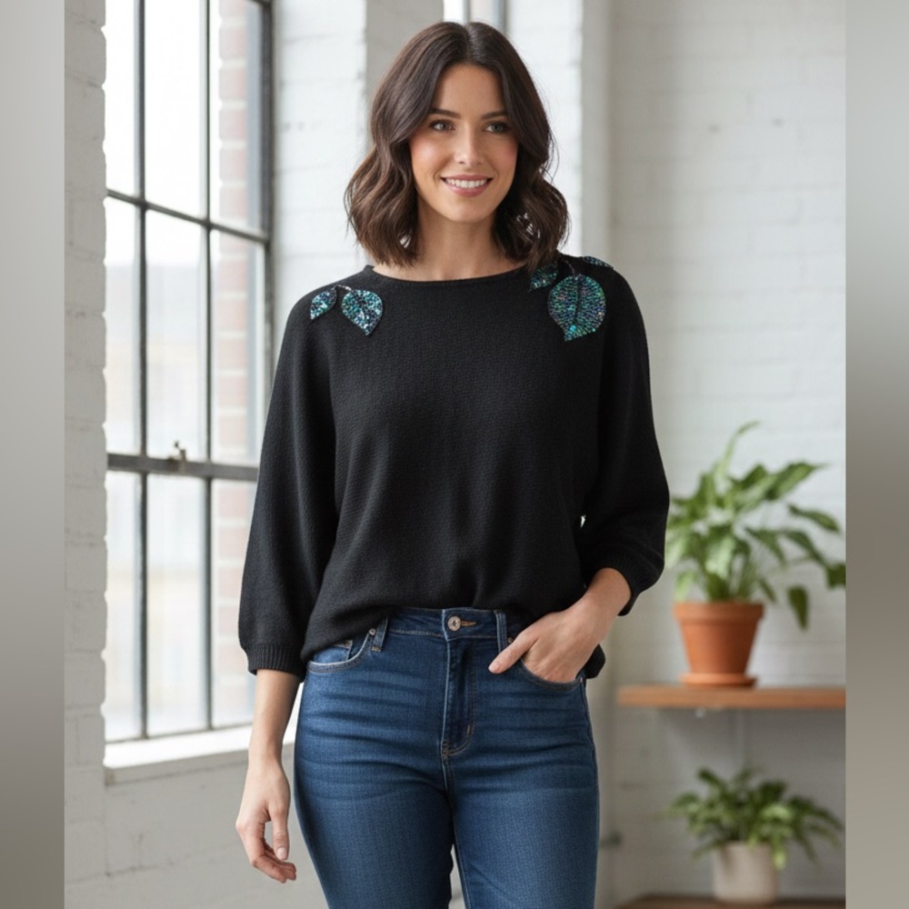 Organically Grown 1990s‎ Vintage Black Sweater Sequin Leaf Accents Colorful